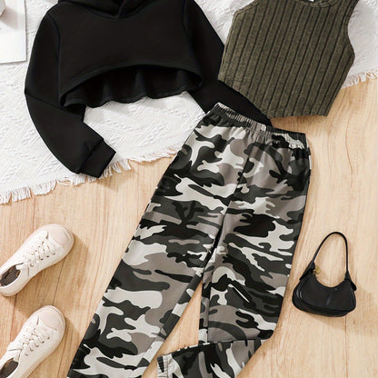 3PCS Girls Trendy Street Wear Style Outfit, Long Sleeve High Low Hoodie + Ribbed Tank Top + Camouflage Pattern Trousers Set For Spring & Fall & Winter Outdoors