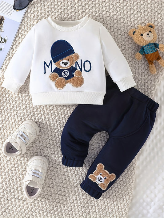 Infant Baby Spring & Autumn Cute Little Bear Print Sweatshirt Set, Long Sleeve Round Neck Top + Trouser Outdoor Clothes Set