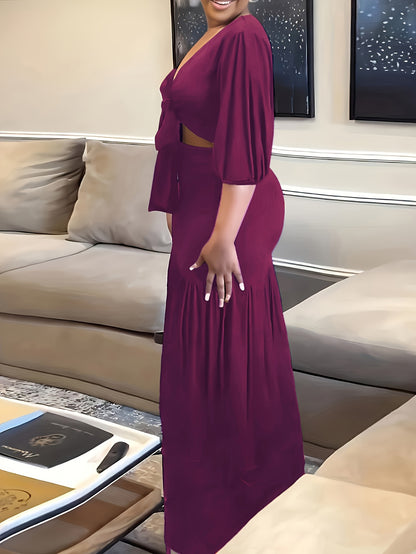 Plus Size Solid Color Casual V-Neck Long Sleeve Set