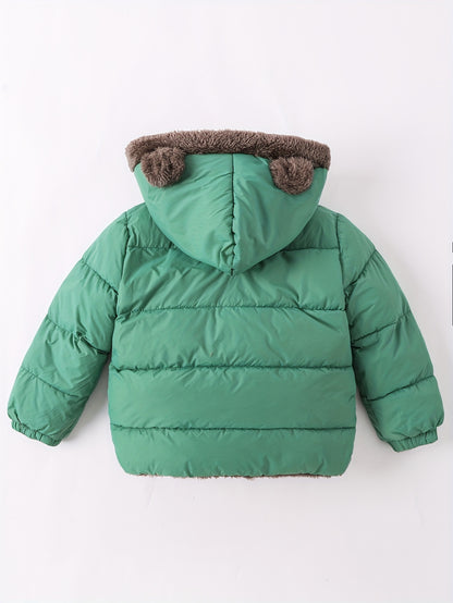 Baby's Warm Fuzzy Lining Quilted Jacket, Zip Up Cute Ears Decor Hooded Coat, Baby Boy's Clothing For Fall Winter Outdoor