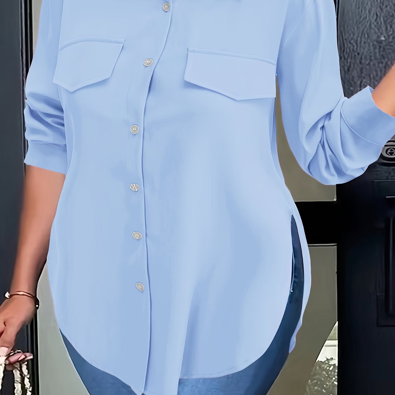 Blusa de talla grande con dobladillo curvo, informal, con cuello abotonado para primavera, ropa de talla grande para mujer.