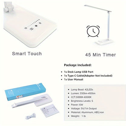 Lámpara de escritorio LED portátil y plegable para el hogar, la oficina y el dormitorio. 5 niveles de brillo y 5 temperaturas de color (3000k-6500k) para adaptarse a diferentes usos.