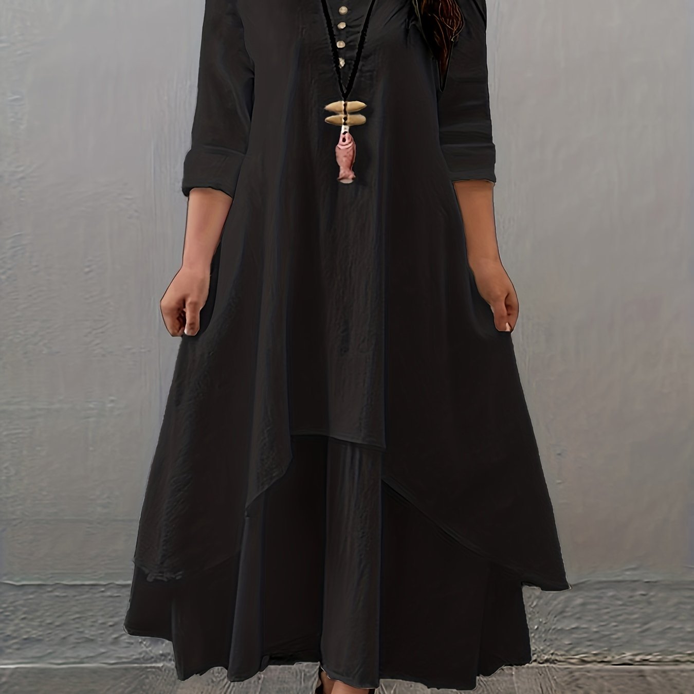 Plus Size Solid Layered Hem Dress, Casual Long Sleeve Dress For Spring &amp; Fall, Women's Plus Size Clothing