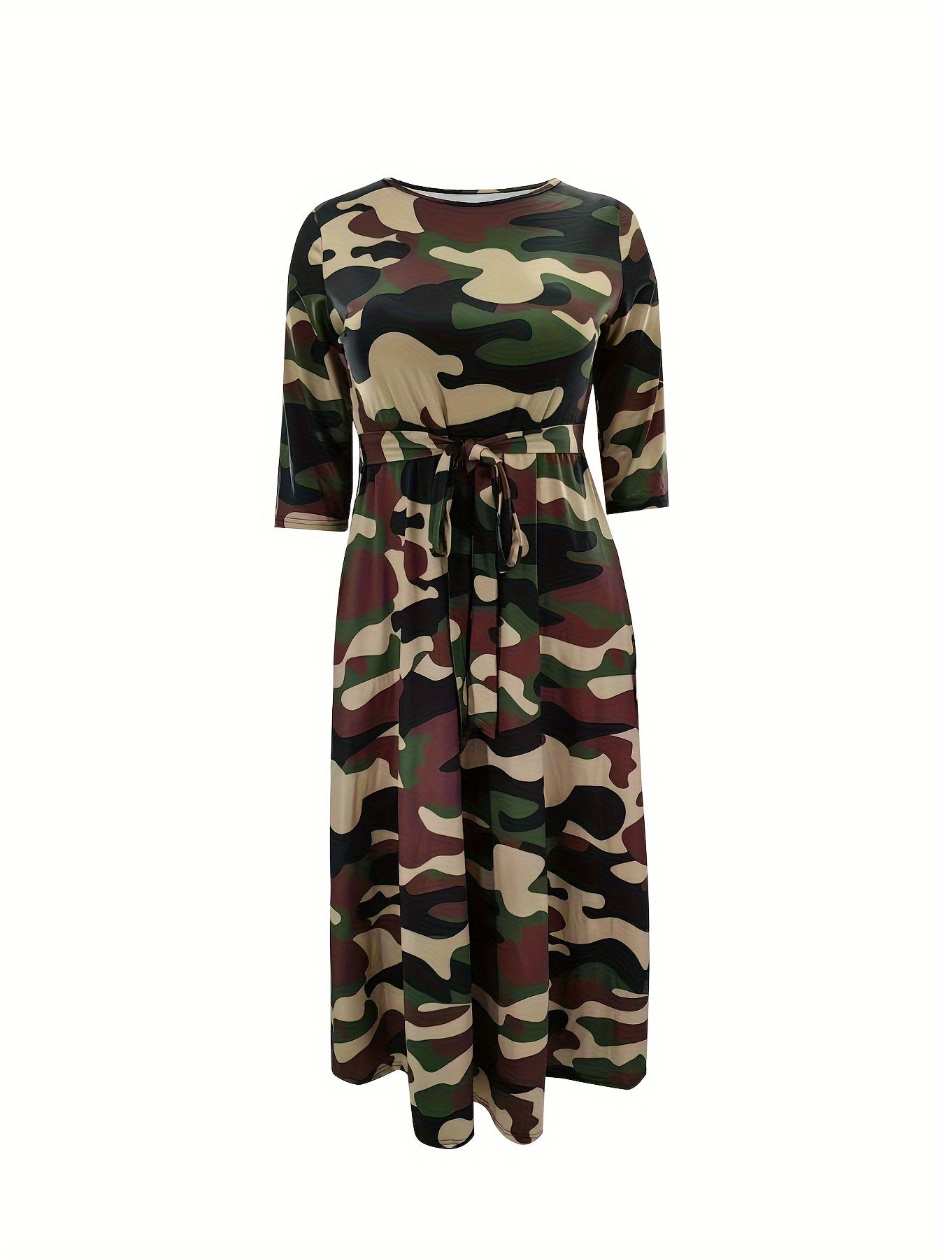 Elegante vestido de poliéster de talla grande con cinturón: cuello redondo elástico cómodo, estilo informal para el fin de semana, dobladillo recto, silueta grande con bolsillos, manga corta, tejido de punto jersey para primavera, verano y otoño.