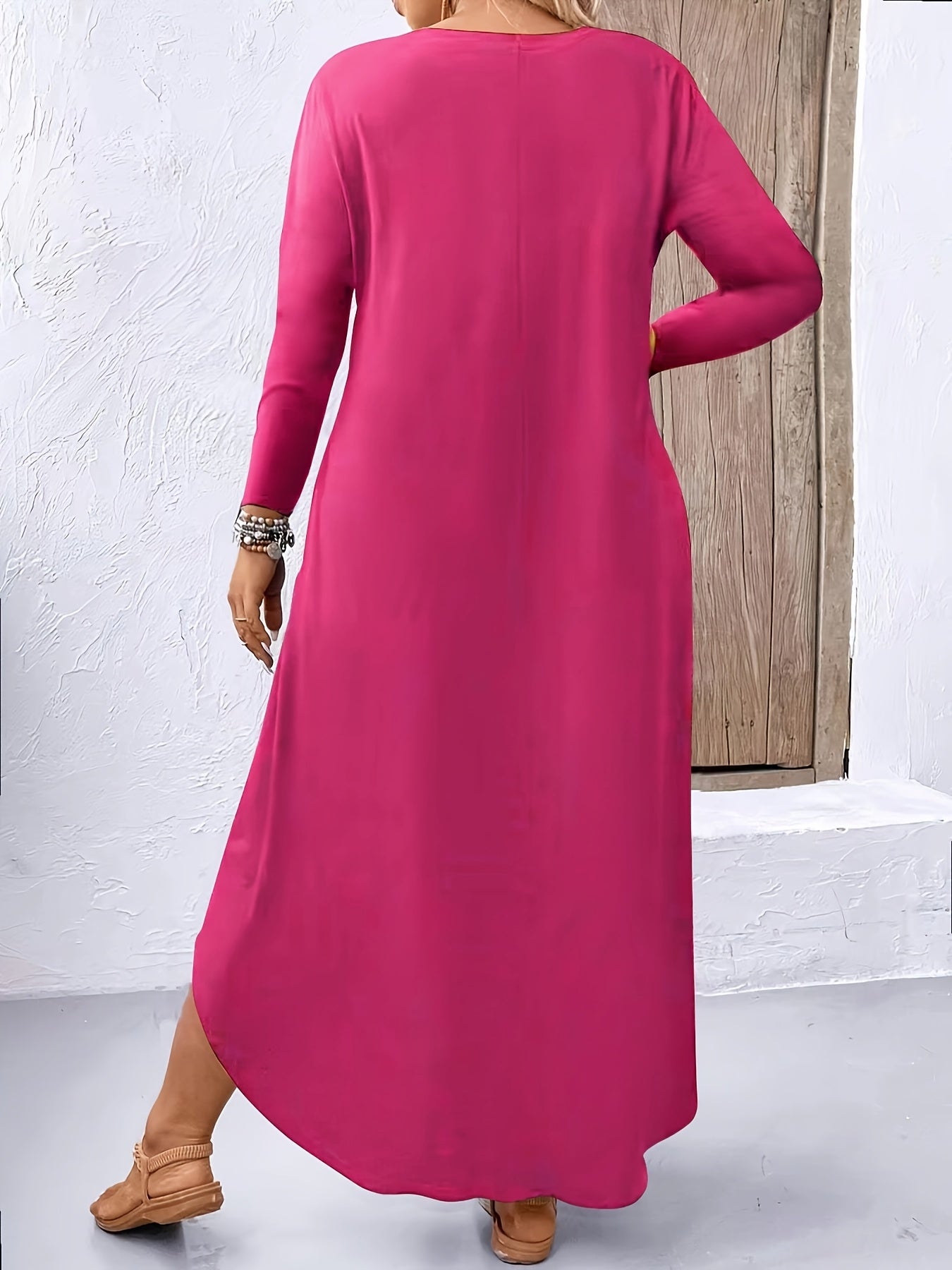 Plus Size Solid Color Dress, Casual Long Sleeve Crew Neck Dress for Spring & Fall, Women's Plus Size Clothing