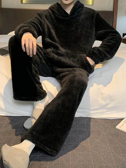 1set Men'S Casual Fleece Pajama Set - Cozy Flannel Loungewear with Hooded Long Sleeve Top and Loose Pants, Solid Color, Polyester, Knitted Fabric, with Pockets, Regular Fit for Autumn/Winter