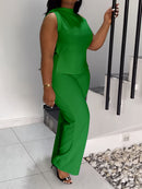 QF2364 Solid Color Summer Sleeveless Casual Suit
