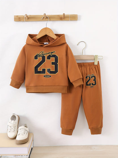 Baby Boy's Autumn And Winter Chicago 23 Print Hooded Sweatshirt + Pants Outdoor Set, 2pcs Comfy Trendy Outfits For For Outdoor Play And Daily Life