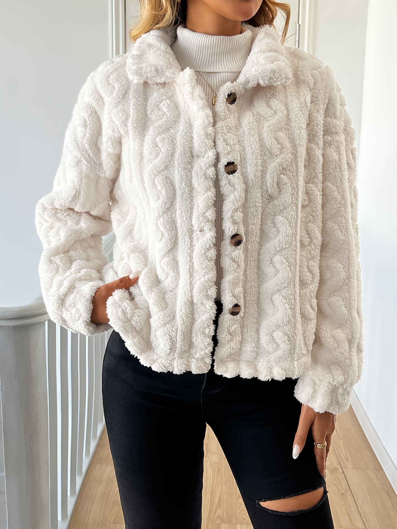 Abrigo elegante de piel sintética de manga larga para mujer, tejido de punto 100 % poliéster, color liso, abrigo de invierno para adulto.