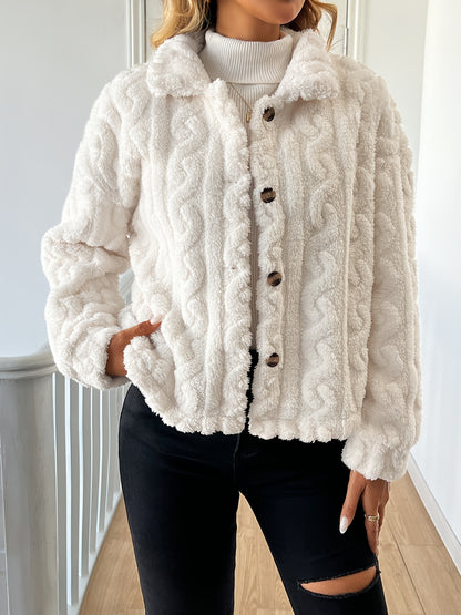 Abrigo elegante de piel sintética de manga larga para mujer, tejido de punto 100 % poliéster, color liso, abrigo de invierno para adulto.