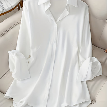 Plus Size Solid Color Long Shirt, Casual Versatile Long Sleeve Button Front Collared Shirt, Women's Plus Size Clothing