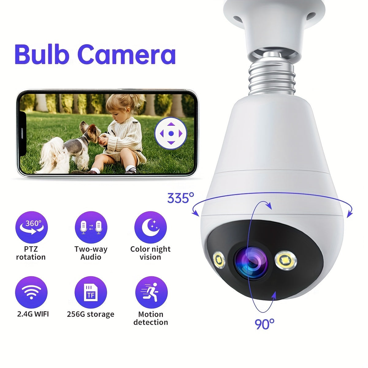 1pc 3MP Panoramic Light Bulb Security Camera, Wireless 2.4G WiFi, PTZ 360° Rotation And 355° View, Two-Way Audio Full Color Night Vision Camera, Motion Detection With Speaker And SD Card Slot, For Home Surveillance