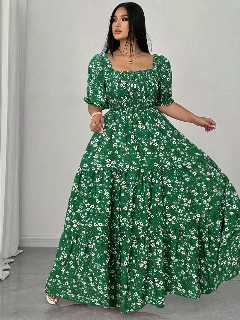Women's Summer Square Neck Elastic Waist Floral Print Puff Sleeve A-Line Maxi Dress - Lightweight Breathable Machine Washable Plus Size Flowy Long Dress for Beach Vacation & Casual Outings, Beach Dresses