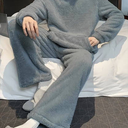 1set Men'S Casual Fleece Pajama Set - Cozy Flannel Loungewear with Hooded Long Sleeve Top and Loose Pants, Solid Color, Polyester, Knitted Fabric, with Pockets, Regular Fit for Autumn/Winter