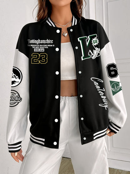 Chic Plus Size Women's Baseball Jacket - Casual Fall/Winter Coat with Letter Print, Button-Up Front, Machine Washable