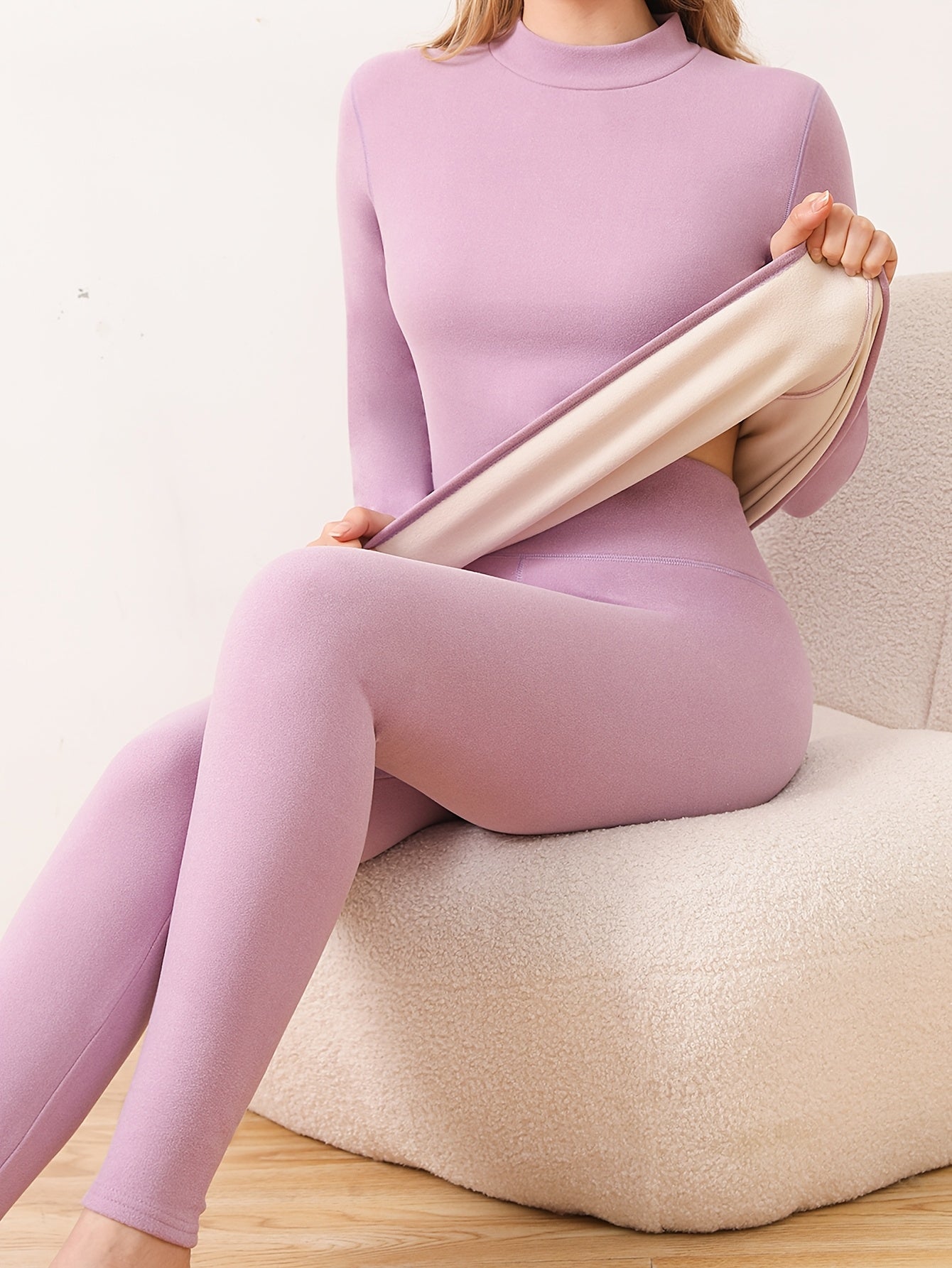 Set Of 2pcs, Women's Plush Lined Warm Base Top And Pants Set, Solid Color, Elastic Leisure Warm And Comfortable Underwear For Fall And Winter