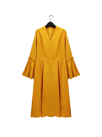 Plus Size Solid Color Dress, Elegant Flare Sleeve V Neck Dress For Spring & Fall, Women's Plus Size Clothing