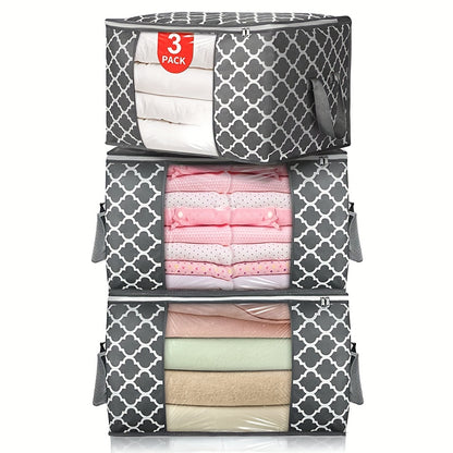 6pcs Set 90L Gray & White Printed Clothes Organizer with Lids - Collapsible, Waterproof Storage Bins with Reinforced Handles and Transparent Viewing Window for Bedding, Blankets, Toys, Under-Bed Storage