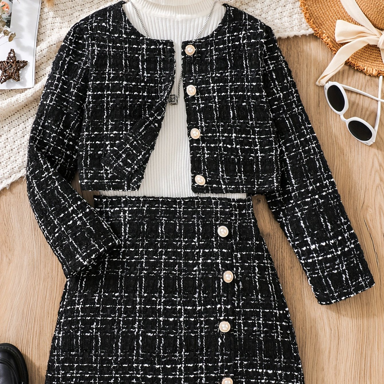 [2pcs] Elegant Tweed Knit Crew Neck Plaid Jacket + Skirt Set Girls Outdoor Outfit, Suitable For Spring Fall