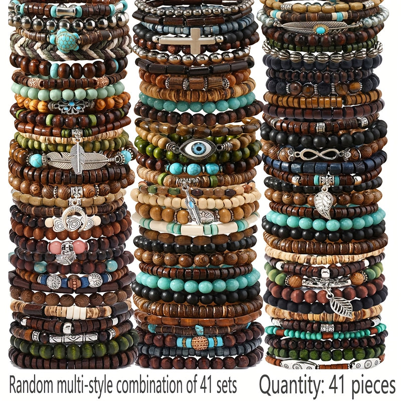 41pcs Fashion Bracelet Set - Elegant Wooden Beads with Butterfly, Heart & Evil Eye Charms for Casual Attire