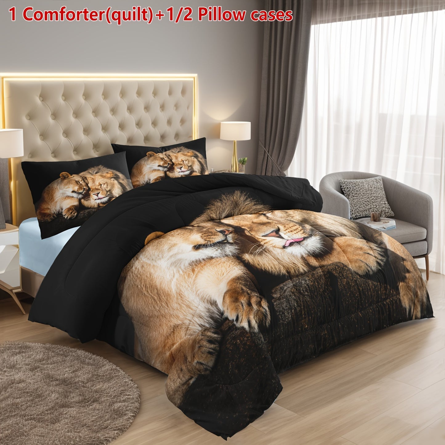 Lion Duvet Cover Set - 2/3 Piece Polyester Comforter with Stain Resistant Feature, Machine Washable, Digital Print, Woven Fabric, Includes 1 Comforter and 1/2 Pillowcases (No Insert)