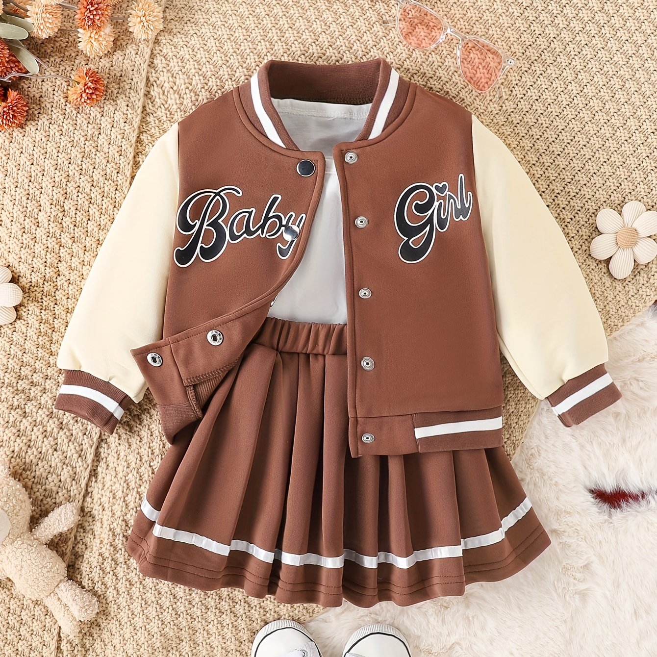 Conjunto de 2 piezas de chaqueta de béisbol con estampado de niña y falda plisada para exteriores, ideal para fiestas y deportes.