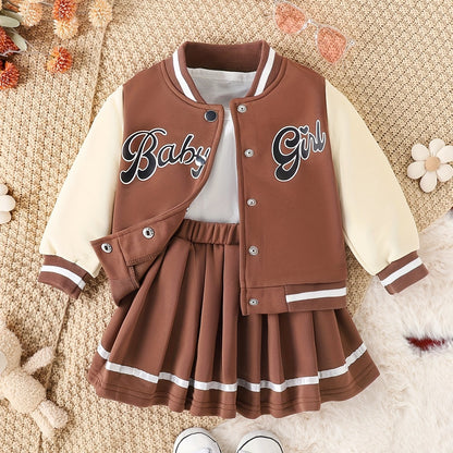 Conjunto de 2 piezas de chaqueta de béisbol con estampado de niña y falda plisada para exteriores, ideal para fiestas y deportes.
