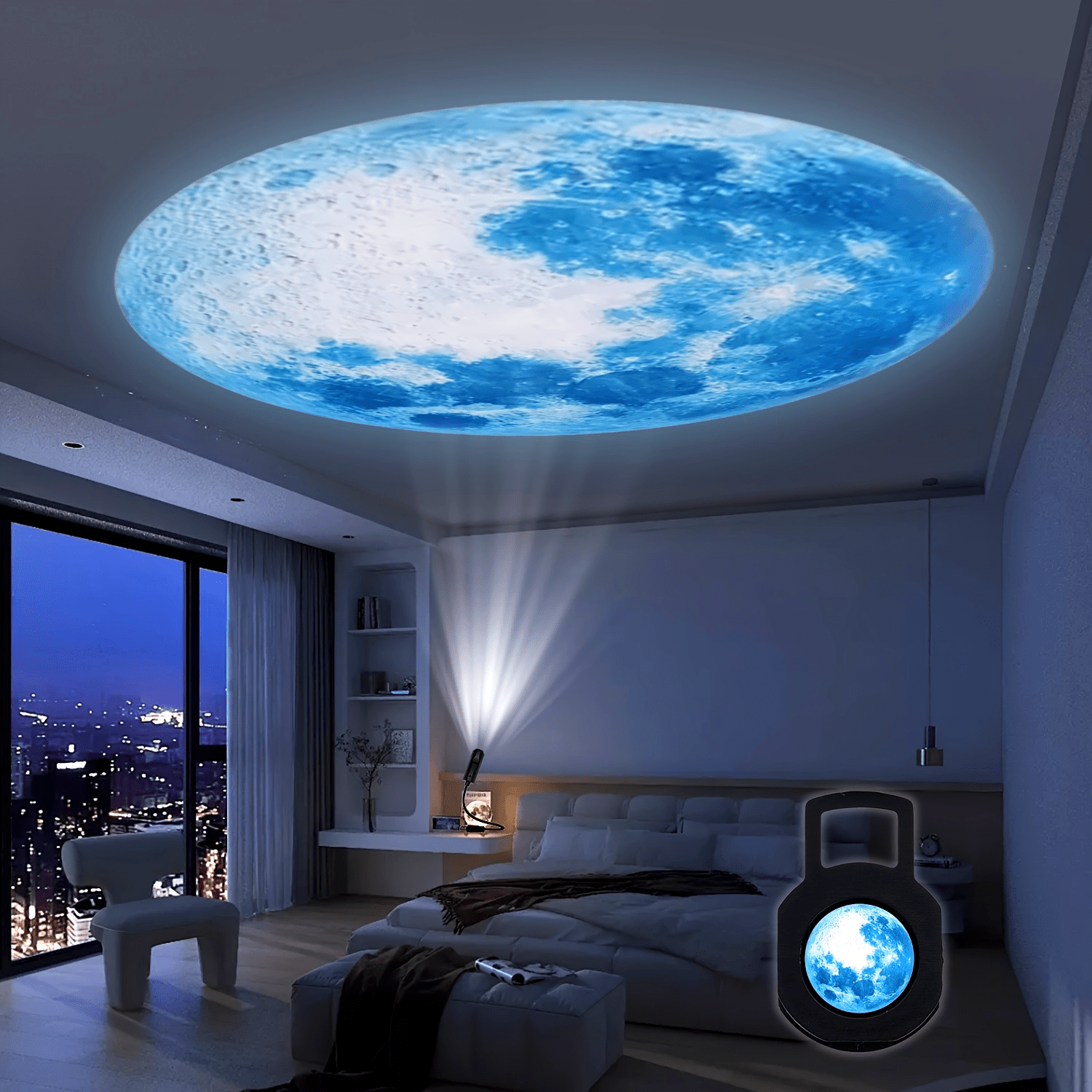 Blue Moon Projector, 360° Rotatable Adjustable LED Light, Moon Atmosphere Projection Lamp, USB Night Light for Home Bedside Table, Bedroom Living Room, Gift, Room Decor, Photo Background, Wall Ceiling Decoration