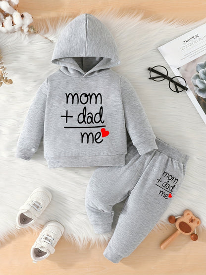 Two-piece Youngsters Boys Fashion Casual Spring and Autumn New Love Dad and Mom Letter Pattern Long Sleeve Hoodie and Pants Combination Set, Perfect for Outdoor