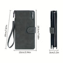 Slim Business Style Long PU Leather Wallet With Wrist Strap, Bi-fold Large Capacity Card Holder