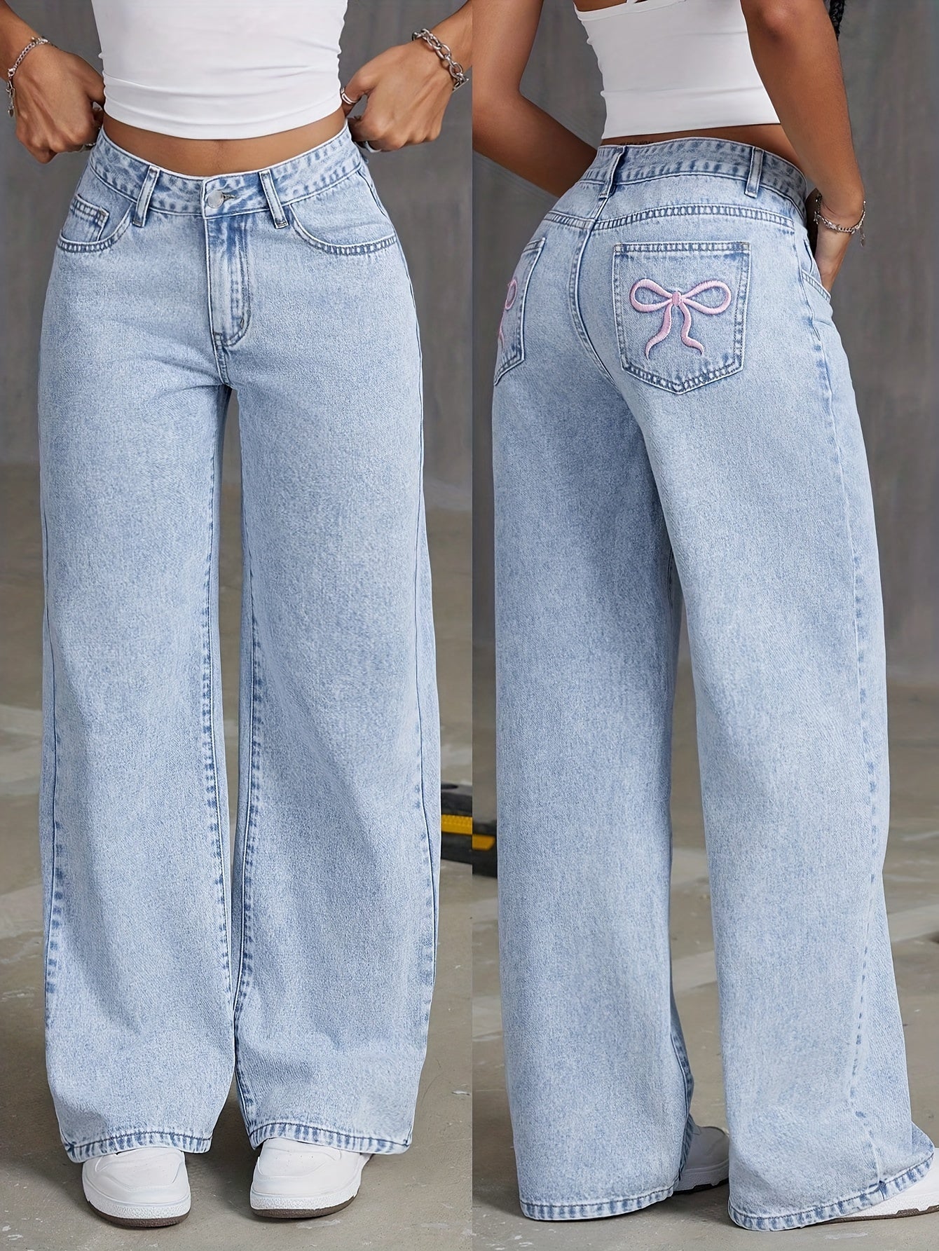Jeans de mezclilla de moda para niñas HEY+JEANS, corte holgado largo, cintura ajustable, pierna ancha, bordado de mariposa, sin elasticidad, de temporada, cierre de cremallera, pantalones casuales juveniles.