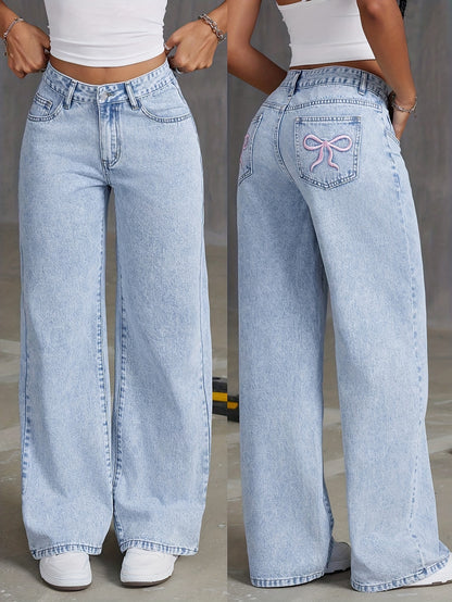 Jeans de mezclilla de moda para niñas HEY+JEANS, corte holgado largo, cintura ajustable, pierna ancha, bordado de mariposa, sin elasticidad, de temporada, cierre de cremallera, pantalones casuales juveniles.