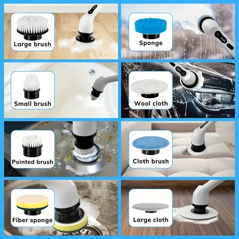 Cordless Electric Spin Scrubber Set with 3/9 Brush Heads - Rechargeable, Adjustable Long Handle for Bathroom, Kitchen, Tile & Car Cleaning