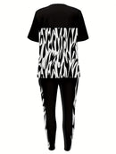 Plus Size Queen Letter Print Two-piece Set, Crew Neck Short Sleeve Top & Pants Outfits, Women's Plus Size Clothing