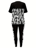 Plus Size Queen Letter Print Two-piece Set, Crew Neck Short Sleeve Top & Pants Outfits, Women's Plus Size Clothing