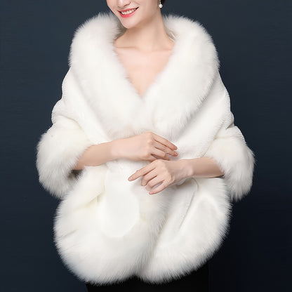 Luxurious Baroque-Style White Faux Fur Shawl - Cozy, Windproof Cape with Large Buttons for Brides & Party Gatherings, Perfect for Fall/Winter Elegance, Wedding Cape