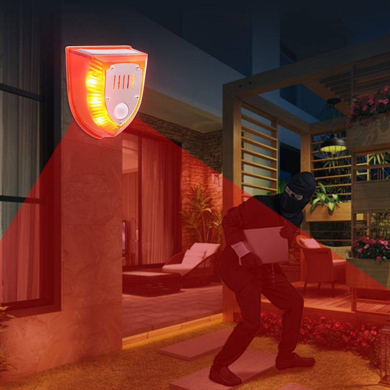 Alarma de seguridad solar para exteriores de 129 dB con sonido de perro ladrando y disparos, luz estroboscópica de advertencia para casa y jardín.