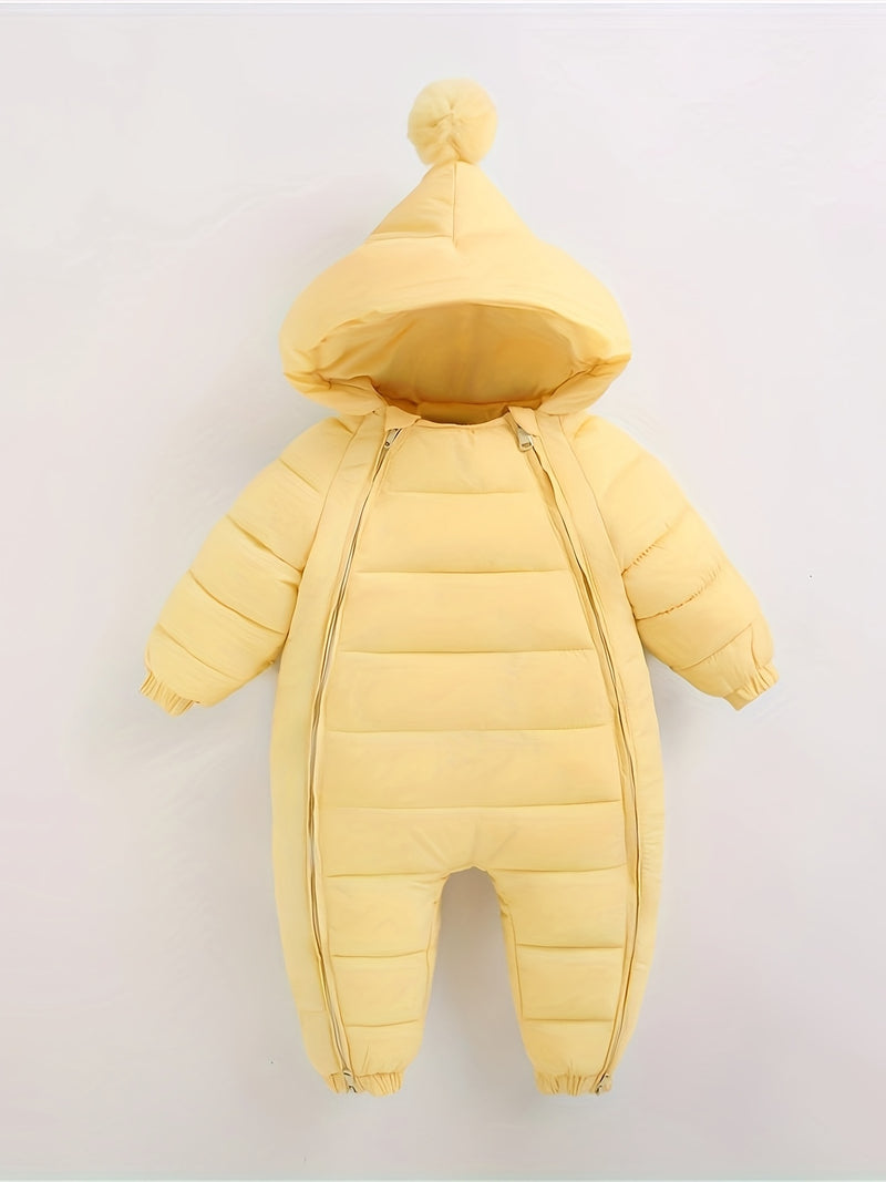 Mono acolchado de invierno para bebé, abrigo informal con capucha y pompón, mono cálido con cremallera frontal, ropa de exterior para bebés y niños pequeños.