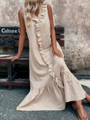 Elegant Beige V-Neck Sleeveless Dress with Ruffle Detail - Casual Polyester, A-Line Flare, Machine Washable for Spring/Summer