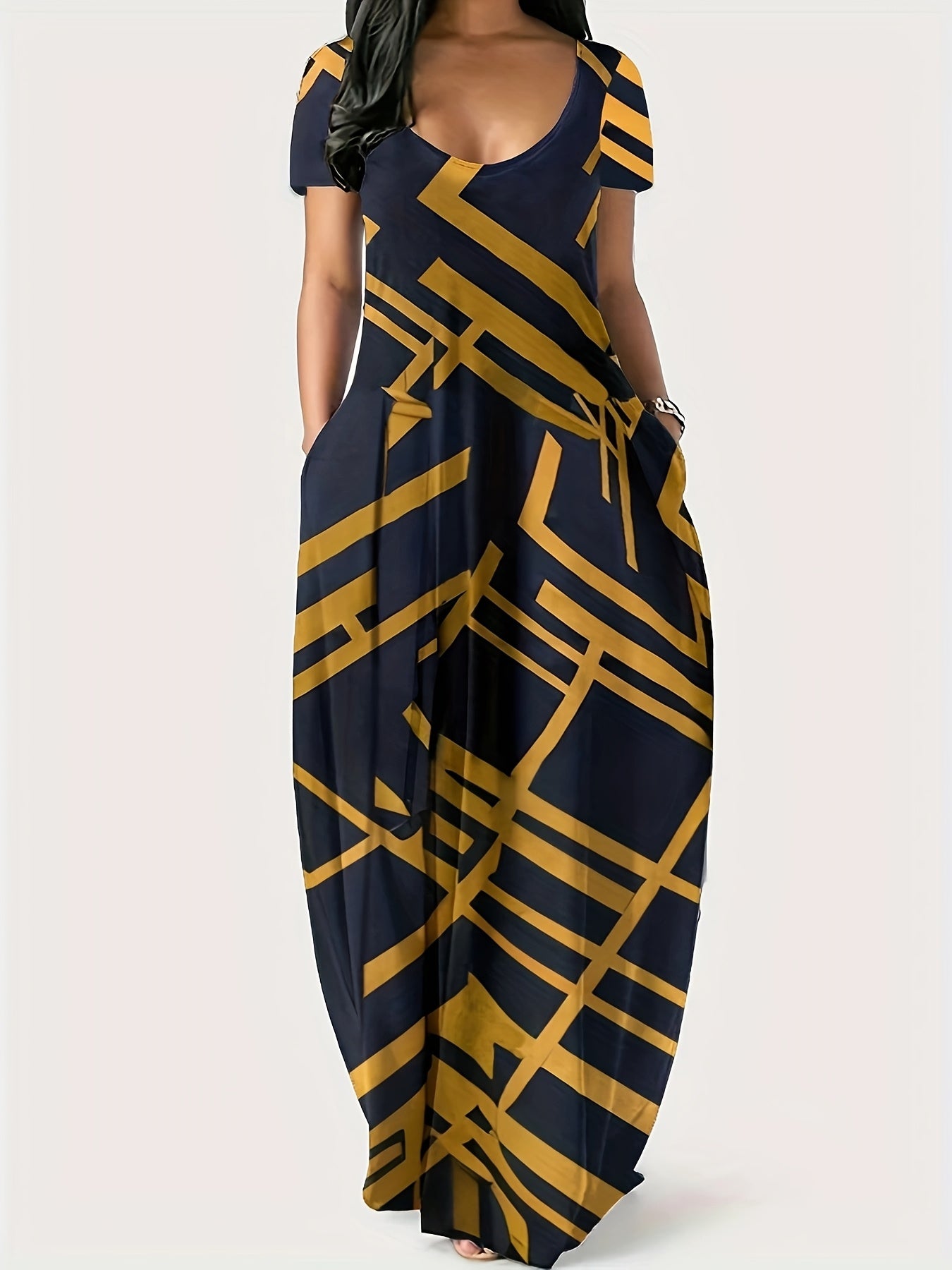 [1pc Plus Size Geometric Print Maxi Dress] 1pc Plus Size Geometric Print Maxi Dress, Stretchy Polyester Knit, Round Neck, Short Sleeve, Casual Loose Fit with Pockets, All-Season Versatile Style