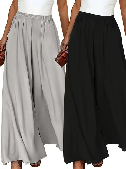 Plus Size - 2pcs Plus Size Wide-Leg Culottes - Casual High-Waist Pants with Elastic Waistband, Non-Stretch Fabric, Solid Color, Relaxed Fit for Spring/Summer/Fall, Casual Attire|Elastic Waistband Pants|Nonstretch Fabric