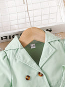 Baby Girls Fashion Button Long Sleeve Lapel Collar Coat + Bow Pleated Suspender Skirt Two-piece Set Outdoor Clothing