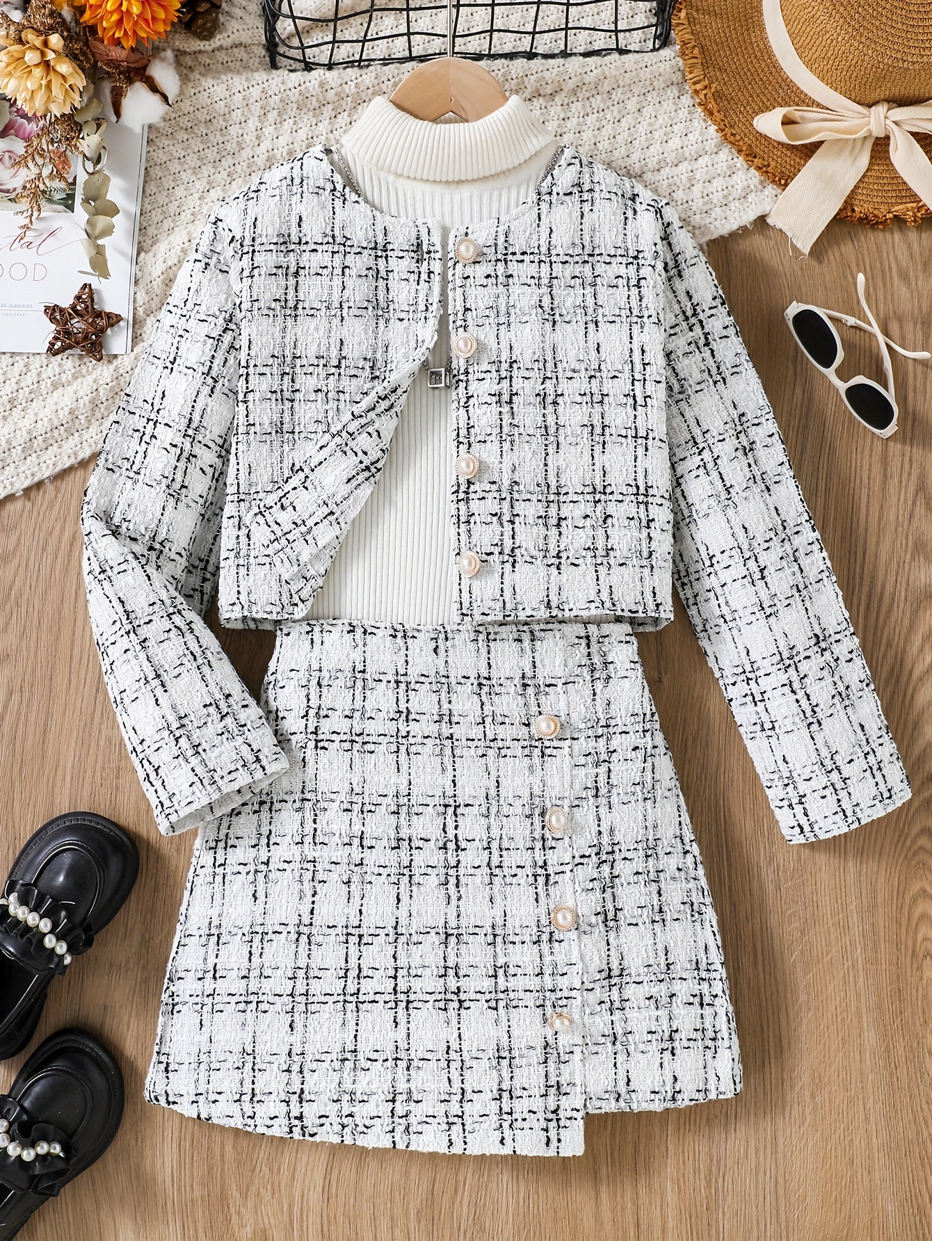 [2pcs] Elegant Tweed Knit Crew Neck Plaid Jacket + Skirt Set Girls Outdoor Outfit, Suitable For Spring Fall