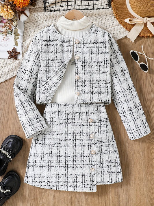 [2 piezas] Elegante conjunto de chaqueta y falda a cuadros con cuello redondo de punto de tweed para niñas, ideal para primavera y otoño.