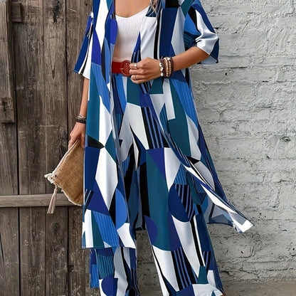Chic Plus Size Geometric Print Women's Ensemble - Open Front Long Sleeve Shirt & Wide-Leg Pants - Elegant Polyester Casual Outfit for Fashion-Forward Ladies, Machine Washable, Plus Size Casual Outfits Set