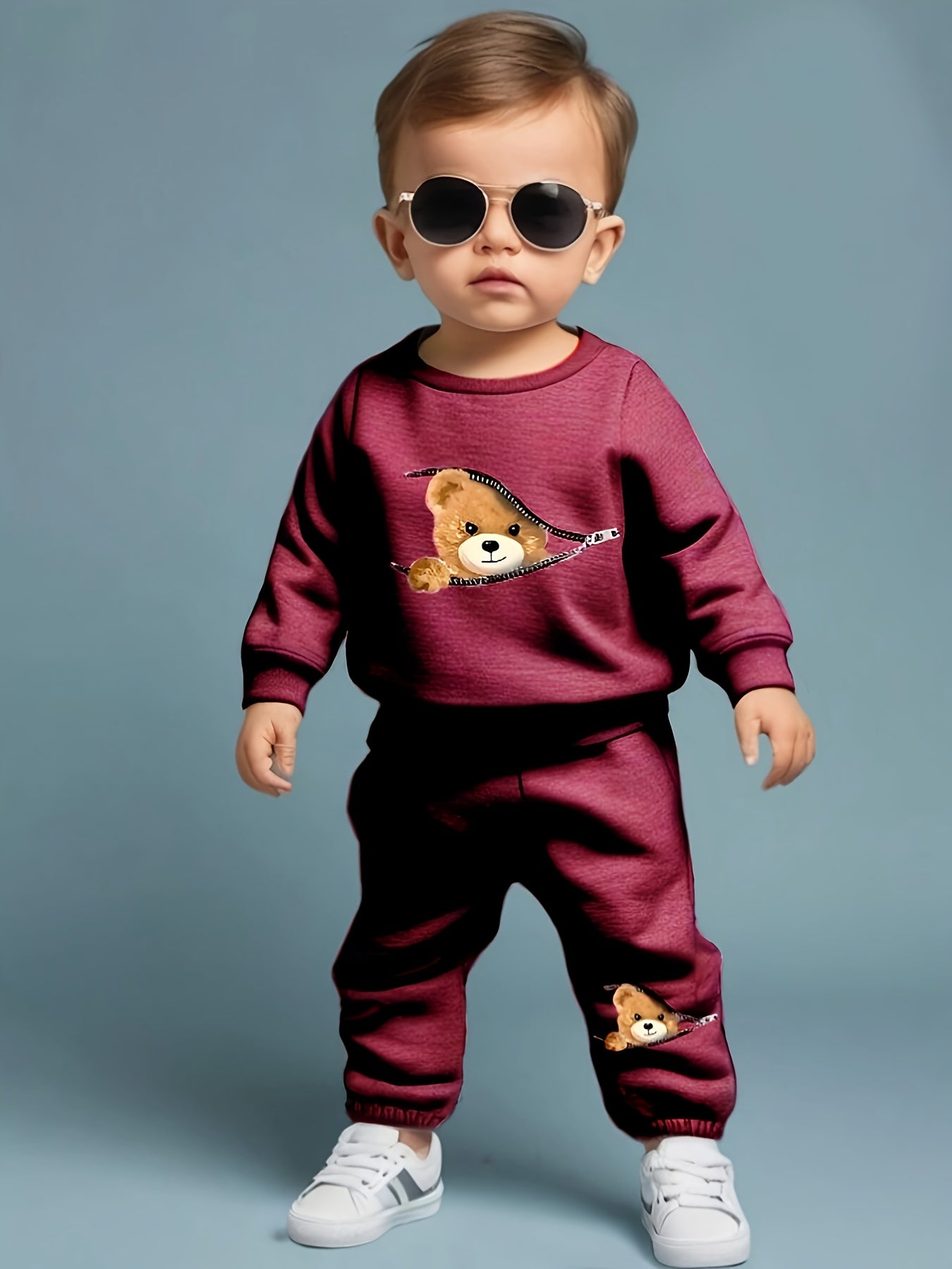 Adorable Bear Print Zip-Up Sweatshirt &amp; Joggers Set for Boys - Cozy Polyester Blend, Machine Washable - Perfect for Fall/Winter, Perfect for Outdoor