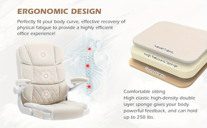 Silla de oficina ergonómica de terciopelo beige con soporte lumbar, reposabrazos ajustables y base giratoria: cómoda silla ejecutiva para el hogar, el estudio o el dormitorio.