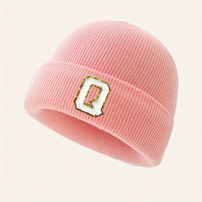 1pc Children's Knitted Hat with 26 Alphabet Letters, Pink Acrylic Stretchable Cap for Toddlers, Hand Washable, Breathable, Daily & Casual Wear, Perfect for Birthday Occasion