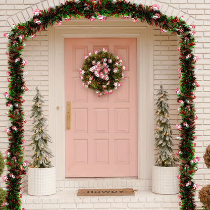 4.98meter Red & Green Metallic Twist Tinsel Garland with Shiny Ornaments, Plastic Christmas Tree & Party Supplies, Indoor & Outdoor Festive Decor, No Power Required