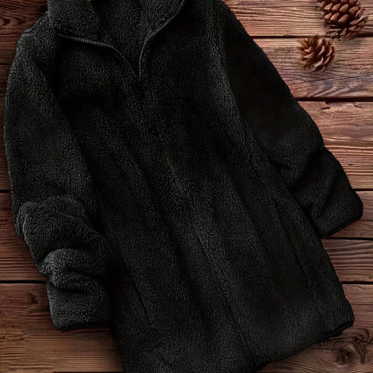 Plus Size Solid Color Fuzzy Coat, Casual Zipper Front Long Sleeve Warm Outerwear For Fall & Winter, Women's Plus Size Clothing